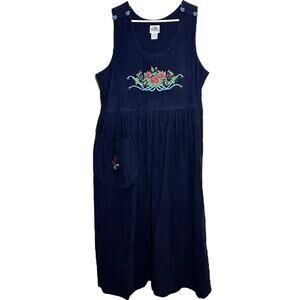 Vintage Dogwood Lane Corduroy Dress 90s Cottagecore Cotton Embroidered Floral M